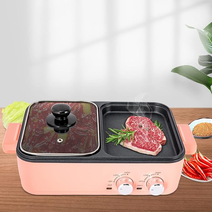 110V Electric Hot Pot with Grill for 2-4 people, 2-in-1 Multifunction Griddle and Hot Pot with Independent Temperature Control,Pink Nonstick Barbecue Grill with Hotpot for Party