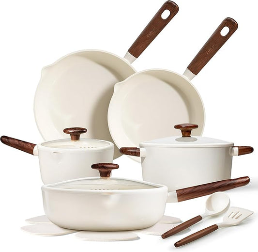 CAROTE Ceramic Cookware Sets, Pots and Pans Set Non stick, Non Toxic Healthy Induction Cookware, 14 Pcs Nonstick Kitchen Pots and Pans Set, PFAS PTFE Free, Dishwasher Safe