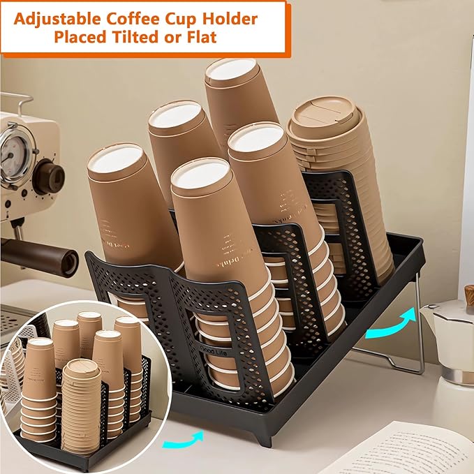 Cup and Lid Holder, Adjustable Coffee Cup Organizer 6 Compartment, Disposable Paper Cup Dispenser fits 8-22oz, Plastic Cup Storage Rack for Coffee Station Bar Countertop Breakroom, Station