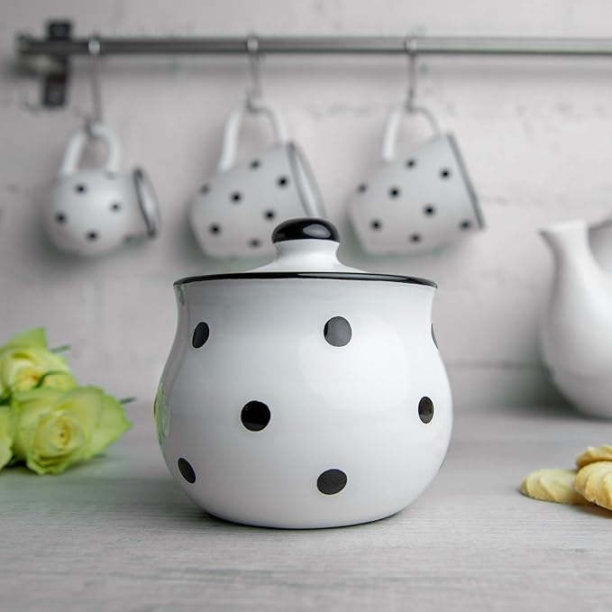 City to Cottage Ceramic Sugar Bowl with Lid, 10oz Sugar Contanier for Coffee Bar, Sugar Dispenser Bowl, Salt - Condiment Pot for Kitchen Counter, Handcrafted White and Black Polka Dot Sugar Jar