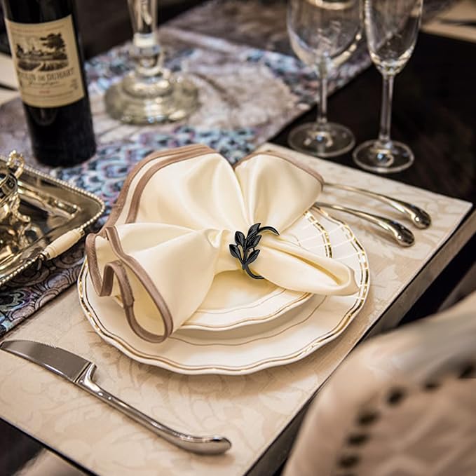 KPOSIYA Set of 12 Leaf Napkin Rings Metal Gold Napkin Holder Table Napkin Rings for Thanksgiving Day Christmas Dinning Table Parties Everyday (Ye Zi-Black 12)