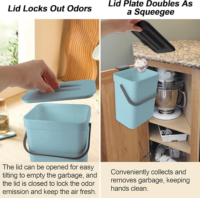 Compost Bin Kitchen, for use on Countertops or Under Sinks, Hanging Trash Can with Lid, for Cupboard/Bathroom/Bedroom/Office/Camping, Mountable Indoor Compost Bucket(Blue 0.8 Gallon/3L)