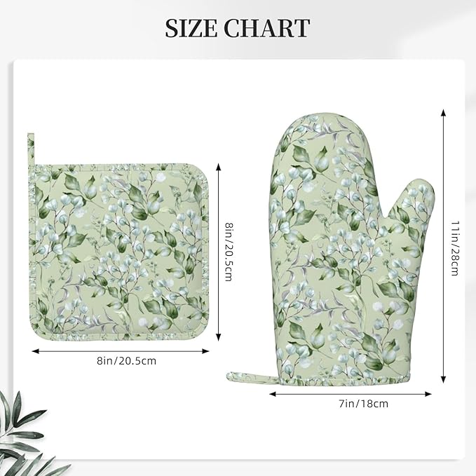 Sage Green Eucalyptus Silicone Oven Mitts and Pot Holders Sets Watercolor Branches Leaves Kitchen Mitts Potholder Kitchen Accessories for Cooking Baking BBQ