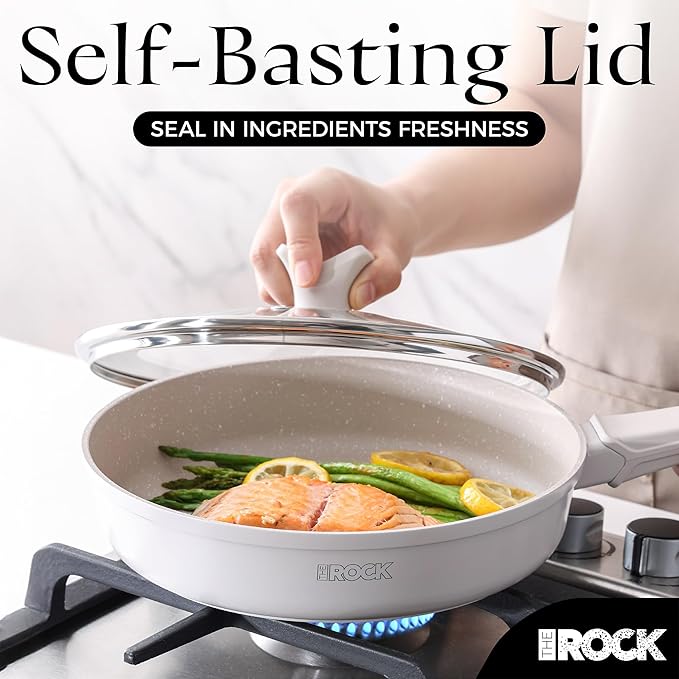 THE ROCK SOHO 11-Inch Non Stick Frying Pan with Lid–Nothing Sticks, Never Warps, Lasts Longer, Ceramic Non Toxic Skillet with Heat-Resistant Handle, PTFE PFOA&PFAS Free, Dishwasher Safe, Cream