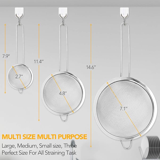 Kitchen Fine Mesh Strainers, KINMAD 3 Pcs Stainless Steel Mesh Strainer with Handle, 2.7"+4.8"+7.1"- Ideal to Strain Pasta, Noodles, Quinoa, Tea, Sift & Sieve Flour & Powdered Sugar