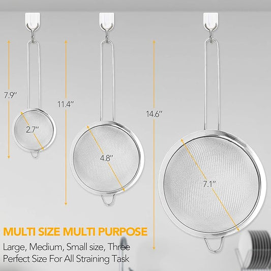 Kitchen Fine Mesh Strainers, KINMAD 3 Pcs Stainless Steel Mesh Strainer with Handle, 2.7"+4.8"+7.1"- Ideal to Strain Pasta, Noodles, Quinoa, Tea, Sift & Sieve Flour & Powdered Sugar
