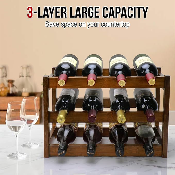 Bamboo Wine Rack, 3-Tier 12 Bottles Wine Storage Cabinet Shelf, Easy-Assembly Freestanding Bamboo Wine Racks Countertop for Kitchen Pantry Dining Room Bar, Walnut