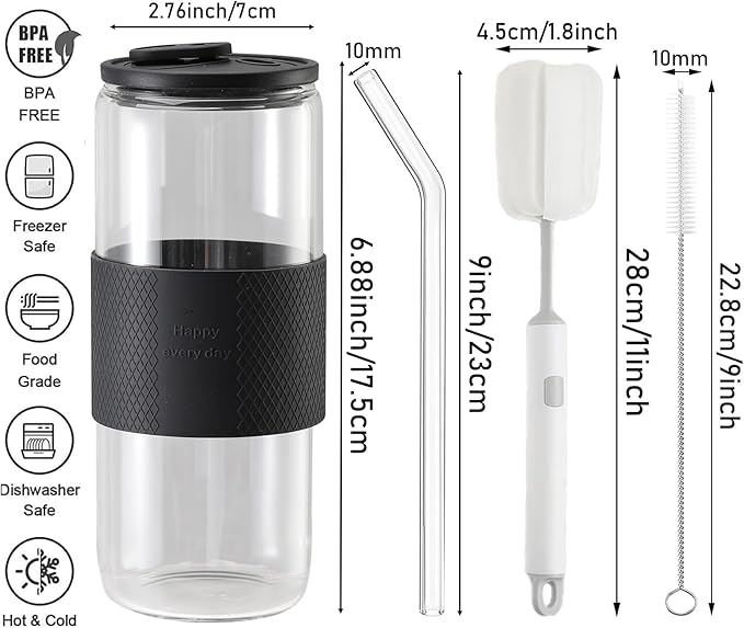 20oz Can Shaped Glass Cups with Silicone Lids and Glass Straws, 2PCS Drinking Glasses with Lids and Straws, and Silicone Sleeves, Beer Glasses, Iced Coffee Cups, Soda, Gift - Black