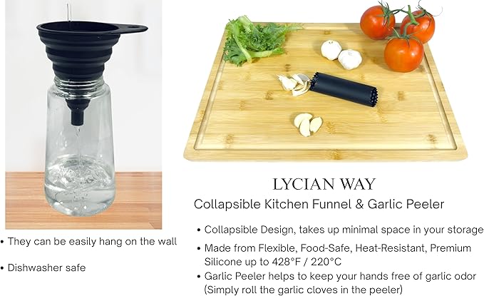 Clip on Strainer Silicone for All Pots and Pans, Colander, Pot Strainer for Pasta, Meat, Vegetables, Space Saving Design, Food-Safe, with Collapsible Funnel, Garlic Peeler, 3 Pack (Black)