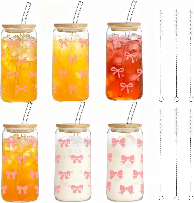 Pink Bow Glass Cups with Lids and Straws, 6 Pcs 16 OZ Coquette Bow Aesthetic Glass Reusable Iced Coffee Cup Smoothie Tumbler for Girls Women Sister