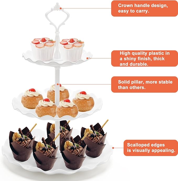 Coitak 3 Tier Cupcake Stand, Plastic Tiered Serving Stand, Dessert Tower Tray for Tea Party, Birthday and Wedding (Wavy-white rod)