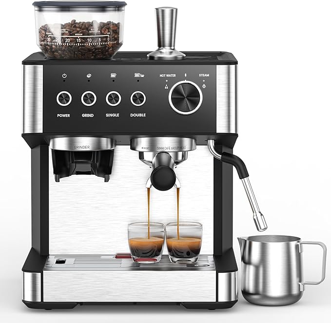 Electactic (2025 Upgrade Espresso Machine with Grinder, 20 Bar Professional Espresso Coffee Machine with Anti-Clog Design, Built-in Milk Frother Steam Wand-Perfect Cappuccino & Latte Maker for Home