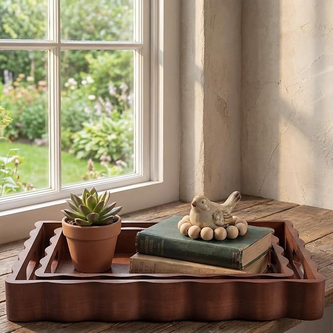 Novabright 2 Pack Solid Scalloped Wood Serving Trays with Handle, 2 Size Rectangular Wavy Edge Decorative Tray Rustic Wooden Food Tray for Breakfast Coffee Table Kitchen Living Room Entryway Decor