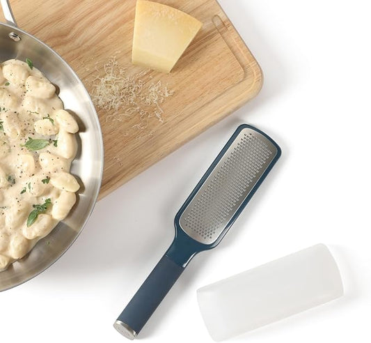 Calphalon Edge Stainless Steel Handheld Cheese Grater W/Cover & Rubber Handle - Navy Blue