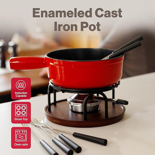 Swissmar Ticino Cast Iron Fondue Set with Enameled Interior, 2L / 2 QT – 9-Piece Cheese & Chocolate Fondue Pot with Forks, Burner & Beechwood Base – Perfect for Family Gatherings & Gift Giving – Red