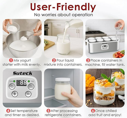 Suteck Yogurt Maker - Stainless Steel Yogurt Makers with Adjustable Time & Temp Control，Automatic Shut-Off & Constant Temper for Homemade Greek, Probiotic Yogurt, BPA-Free 8 Glass Jars (48 oz)