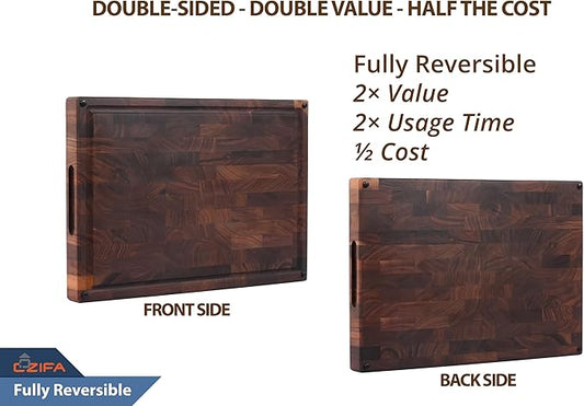 Cozifa American Dark Walnut Wood Cutting Board 17"x12"x1.6" for Kitchen with Juice Groove, Inner Handles, Gift Box Packaging and End Grain Butcher Block Finished with Linseed Oil, Beeswax & Lemon Oil