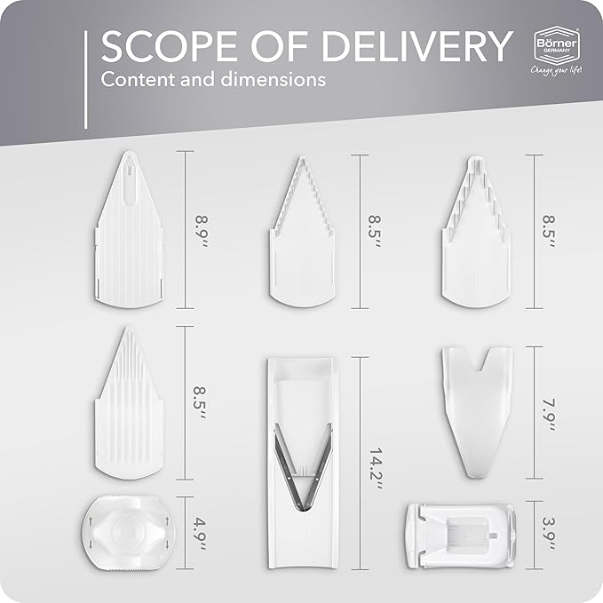 Börner Mandoline Slicer V1 (Professional Set) • V-Slicer with 4 Inserts, Fruit Holder, Docking Station, Box • Adjustable Vegetable Slicer • Cuts into Slices, Strips & Dices • Color: White