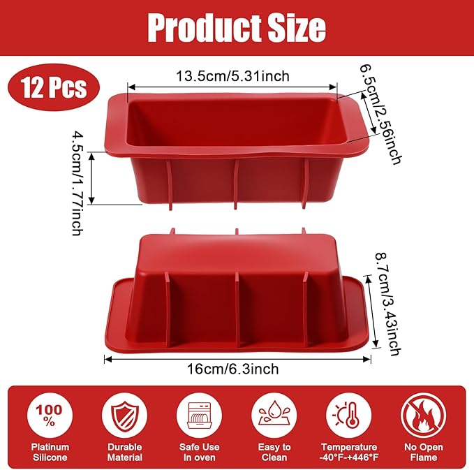 MAQUITA 12 Pack Silicone Mini Bread Loaf Pans for Baking, Small Silicone Bread Loaf Pan Set, Rectangular Non-Stick Baking Mold Pans for Oven, Bread, Cake, Easy Release (Red)