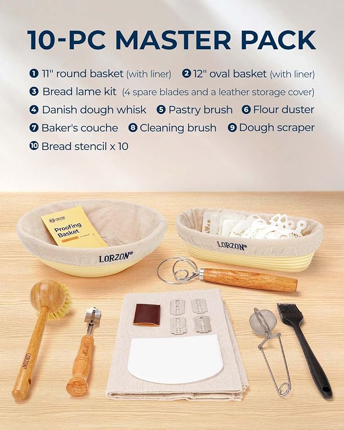 Banneton Bread Proofing Baskets Set of 2, 11" Round & 12" Oval Sourdough Proofing Baskets with Sourdough Bread Baking Supplies, Complete Bread Making Kit (Plastic)
