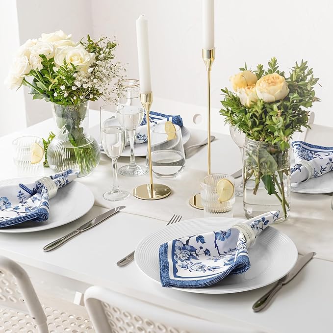 Bird Flower Napkins, 18×18 Inch Blue Branch Dinner Cloth Napkins Set of 6, Washable Cotton Soft Absorbent Square Napkins for Dining Kitchen Party Wedding Decoration