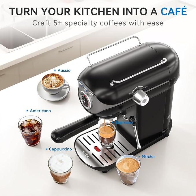 XIXUBX Espresso Machine 20 Bar, Compact Coffee Maker with Milk Frother Steam Wand Professional Espresso Coffee Machine with Removable Water Tank, Latte Cappuccino Machine for Home Office Use, Black