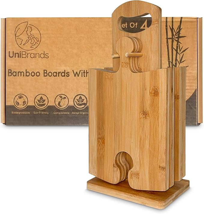 UniBrands 4pcs Bamboo Cutting Board Set with Stand | Natural Eco-Friendly Cutting Boards for Kitchen, Charcuterie Boards, Wooden Chopping Boards, Serving Tray, Wood Cutting Boards | Cocina