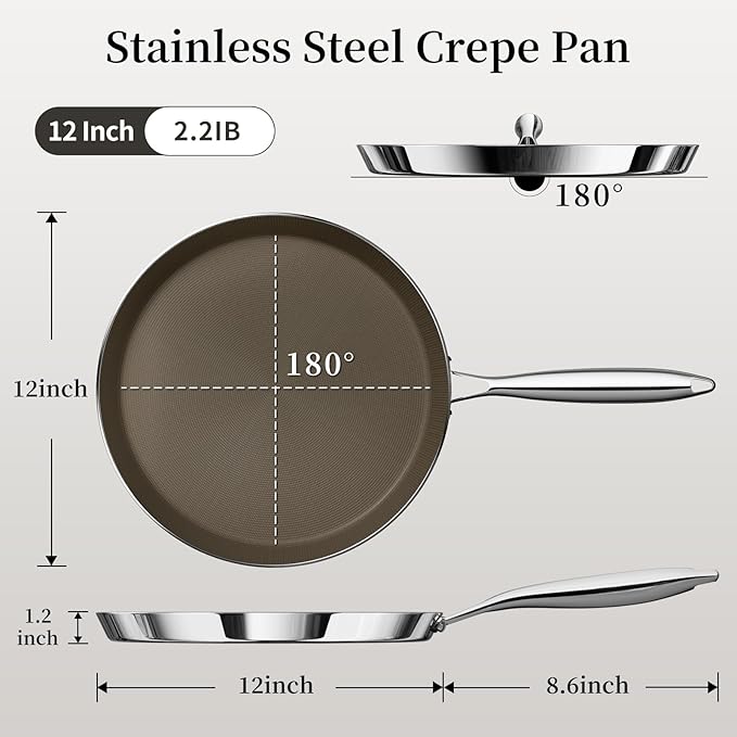 12 Inch Stainless Steel Crepe Pan - Titanium Ceramic Nonstick Crepe Pan, Stainless Steel Dosa Pancake Pan, Non Stick Flat Skillet Tawa Dosa Tortilla Griddle Pan, Induction Compatible, PFAS&PTFE Free