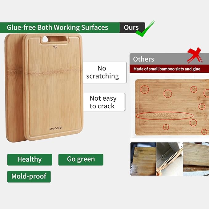 No Glue and Healthy & Organic Wooden Non Toxic Small Bamboo Cutting Board with hands for Kitchen,Plastic Free, Juice Groove, Non-solid Wood Cutting Board for Meat, Vegetables and Fruits (12 * 8inch)