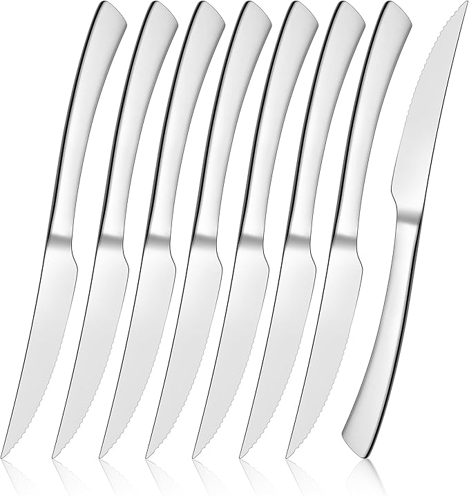 E-far Serrated Steak Knives Set of 8, Stainless Steel Dinner Knife for Home Kitchen Restaurant, 9-Inch Table Knife with Ergonomic Handle and Sharp Tip & Blade, Mirror Silver and Dishwasher Safe