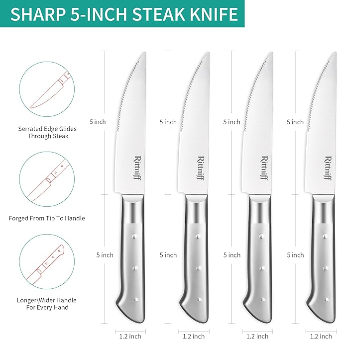 Forged Steak Knives Set of 4, Full-Tang Serrated German Steel, Dishwasher-Safe Luxury Gift Box, Sharp 1.2" Wide Handle Non-Slip, Ultimate Housewarming & Wedding Steak Knife Set