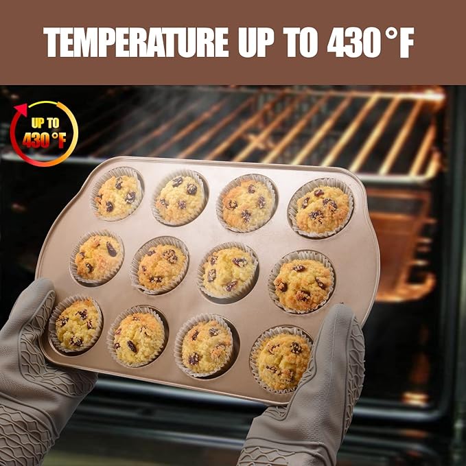 JOHO BAKING 2 Pack Nonstick Muffin Pan Set, 12-Cup Heavy Duty Cupcake Baking Pan with Handles - PFOA-Free Muffin Tin, Rust Proof & Warp Resistant, Oven Safe 430°F (Gold)