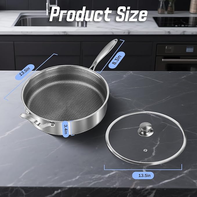 Toutrop Frying Pans Nonstick wih Lid, Non Stick Tri-Ply Stainless Steel Saute Pan, 8 Quarts Large Sauté Pan, 13.5 Inch Induction Cooking Pan, Dishwasher and Oven Safe, PFOA Free