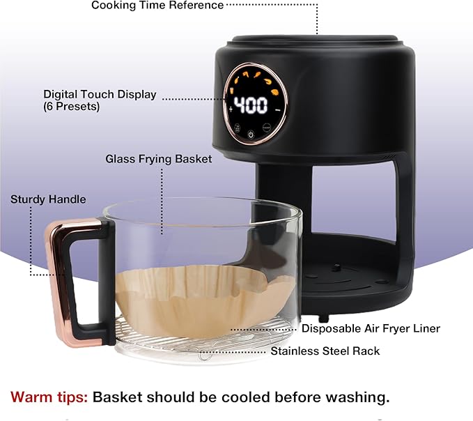 GYMODE 4.7QT Glass Air Fryer, 360° Viewable Glass Air Fryer Non Toxic, 6-IN-1 Preset Cook Modes, Digital Display, Adjustable Temp 100F - 400F, Nonstick, Dishwasher Safe, Black
