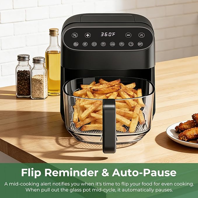 Havato 5 Quart Glass Air Fryer with Visible Window, Non-Toxic High Borosilicate Glass Basket (No Coating), Airfryer Oven with 8 Preset Modes, PTFE/PFSA Free, Dishwasher Safe, Black