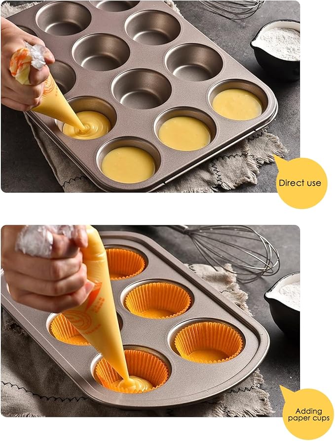 Cayanmydery 12-Cup Muffin Pan Tin for Baking, 2 Packs Nonstick Cupcake Pan Tin, Cup Cake Tray, Cheesecake Pans, Gold