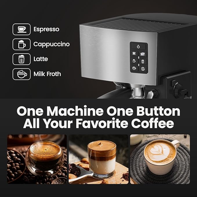 JZ.CAFE Cappuccino Coffee Machine - 20Bar Espresso Machine with Automatic Milk Frother, Espresso Maker in Stainless Steel Design,1250W Coffee Maker for Home, Office