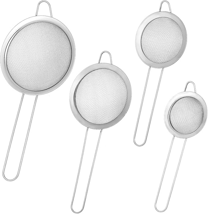 4 Pcs Stainless Steel Fine Mesh Strainer 4 Sizes Small Sieves with Handles Versatile Kitchen Strainer for Steeping Loose Leaf Tea Straining Cocktail Juice and Sifting Flour Sugar