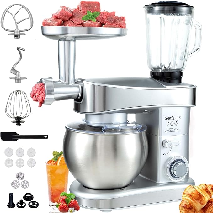 SeaSpark Multifunctional Stand Mixer, 6 in 1 Stand Mixer, 6.3Qt Tilt-head, Standing Mixer with Stainless Steel Bowl, Meat Grinder, Juice Blender, for professional Baking and Most Home Cooks, Silver