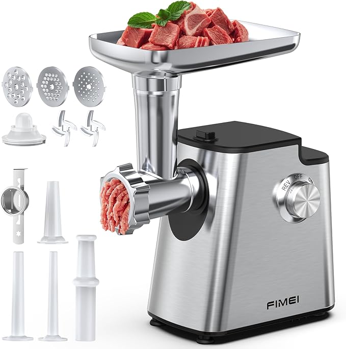 FIMEI Meat Grinder, Stainless Steel Food Processor & Sausage Stuffer, 4-in-1 Heavy Duty Meat Mincer with 2 Blades, 3 Plates, Kibbe Kit And Cookie Maker, for Home Kitchen & Ground Beef