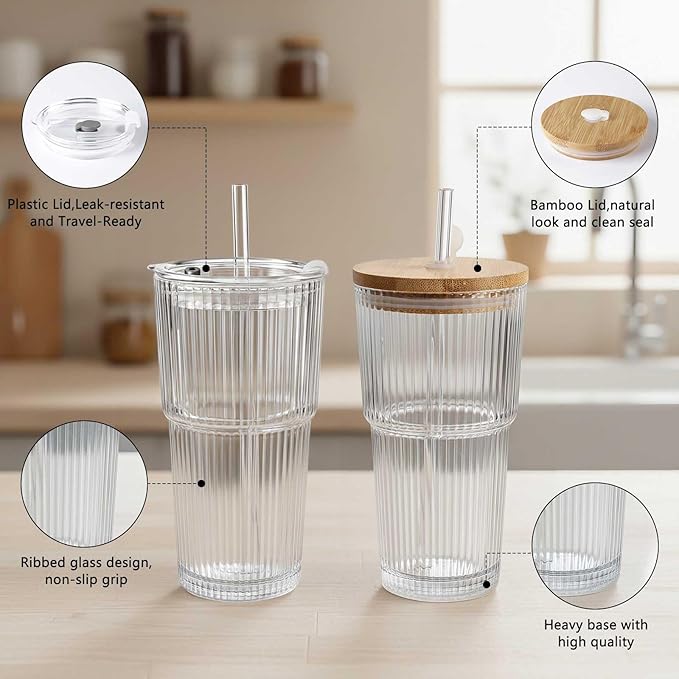 Ruckae 20oz Ribbed Glass Tumbler with Lids and Straws – 2 Pack Leak Proof Iced Coffee Cup– Aesthetic Glass Cups with Bamboo Lids for Home,Office,Travel and Gifts (2, Transparent)