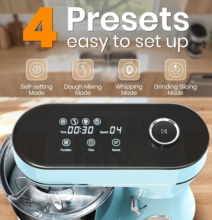 Bonnor Stand Mixer 6QT Kitchen Mixer with LED Smart Touchscreen, 11-Speed Tilt-Head Mixer with Timer, 4 Preset Menus, Stainless Steel Bowl, Dough Hook, Whisk, Beater,Blue