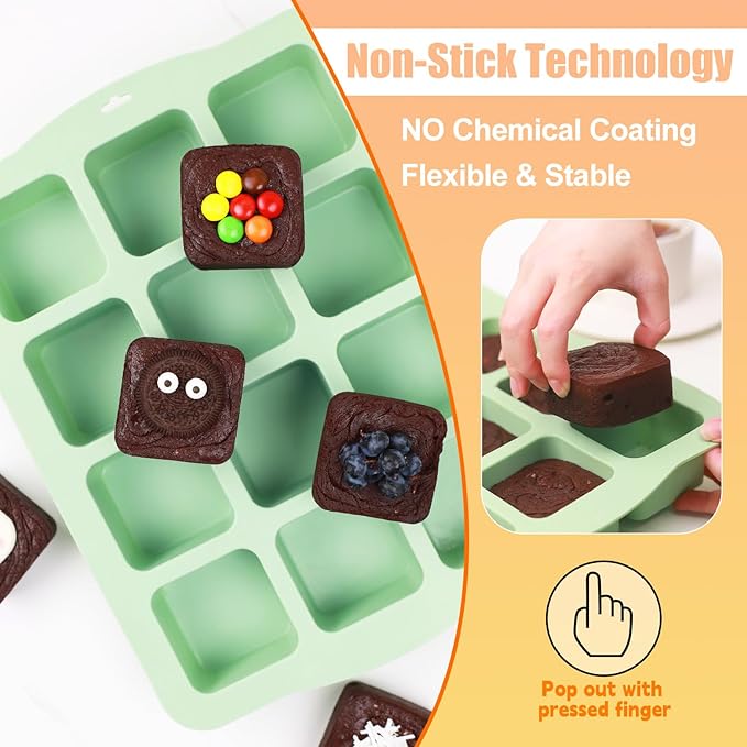 QELEG Silicone Brownie Pan with Dividers, 2 Set All Edges Square Cupcake Muffin Pans Non-Stick Baking Molds for Brownie Bites, Fudges and Keto Fat Bombs 2Pcs/12-Cavity