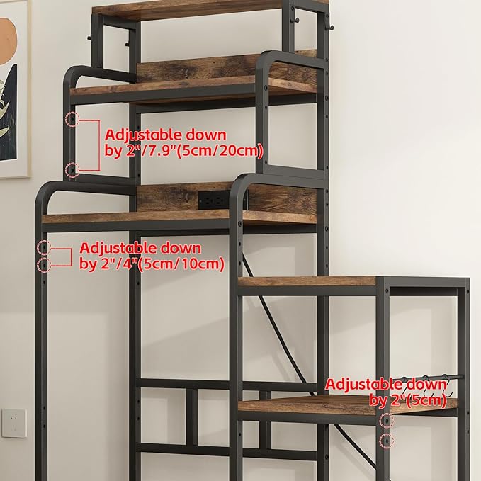 Bakers Rack with 7-Tier Mini Adjustable Shelves and Power Outlet, Heavy-Duty Metal Frame Kitchen Shelf Organizer, Mini Fridge & Microwave Stand for Kitchen, Dorm, Living Room, Walnut Brown