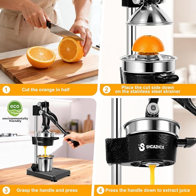 Cast-Iron Hand Press Citrus Juicer, Heavy-Duty Fruit Squeezer with Stainless Steel Cup, Easy-to-Clean Manual Citrus Press for Orange, Lemon, Lime, Grapefruit & Pomegranate (Black)