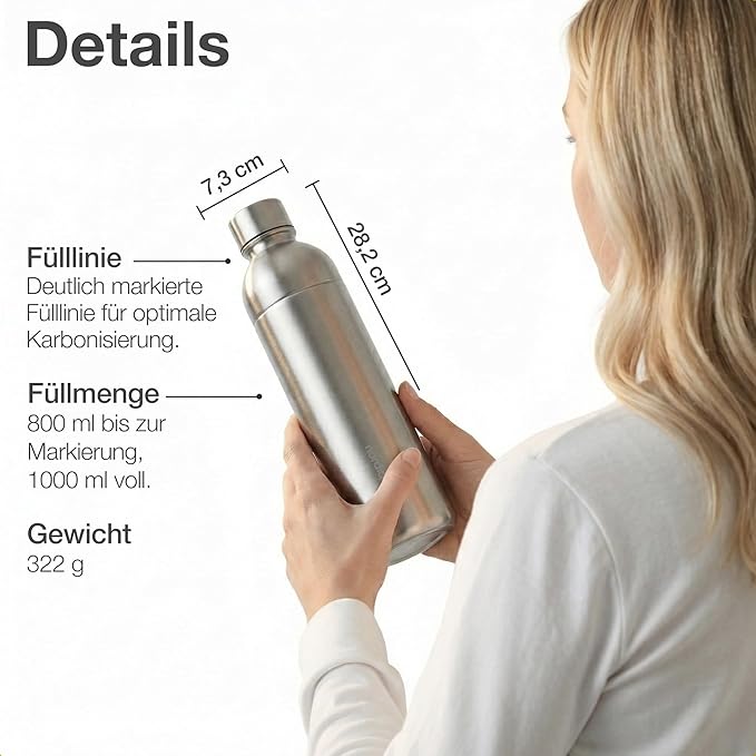 Premium 33 oz Stainless Steel Bottle | Compatible with Aarke Carbonator 3, Sodastream (excl. Aqua Fizz + Jet) and many others | Dishwasher Safe, No Expiration Date | 2-Pack