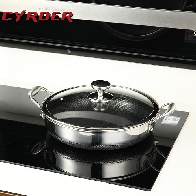 CYRDER Large Hybrid Nonstick Deep Frying Pan-13inch 316L Stainless Steel Sauté Pan and Lid, Two Handle Hold, PFOA Free, Dishwasher Oven Safe, Cookware to Stir fry/Toast/Roast/Bake/Stew, 7.2-Quart