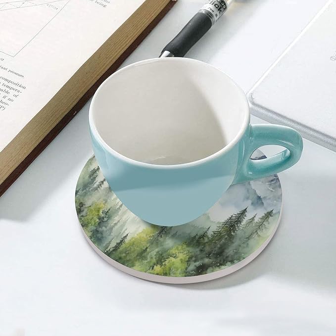 Round-4PCS Forest Ceramic Coasters, Round Absorbent Drink Coasters, Watercolor Style Nature Woodland Green Forest Mountain Plant Ceramic Table Coasters for Coffee, Beverage, Wine, Beer Coasters