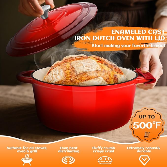 Enameled Cast Iron Dutch Oven Pot with Lid, Incl. Sourdough Bread Baking Supplies Like Banneton Bread Proofing Basket, Starter Jar, Scoring Tool Lame, 5QT Dutch Oven for Bread Baking, Oven Safe up to 500°F