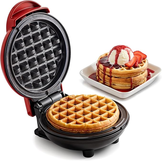 Elite Gourmet EWM015R# Electric Nonstick 4.5-inch Mini Waffle Maker, Belgian Waffles, Compact Design, Hash Browns, Keto, Snacks, Sandwich, Eggs, Easy to Clean, Red